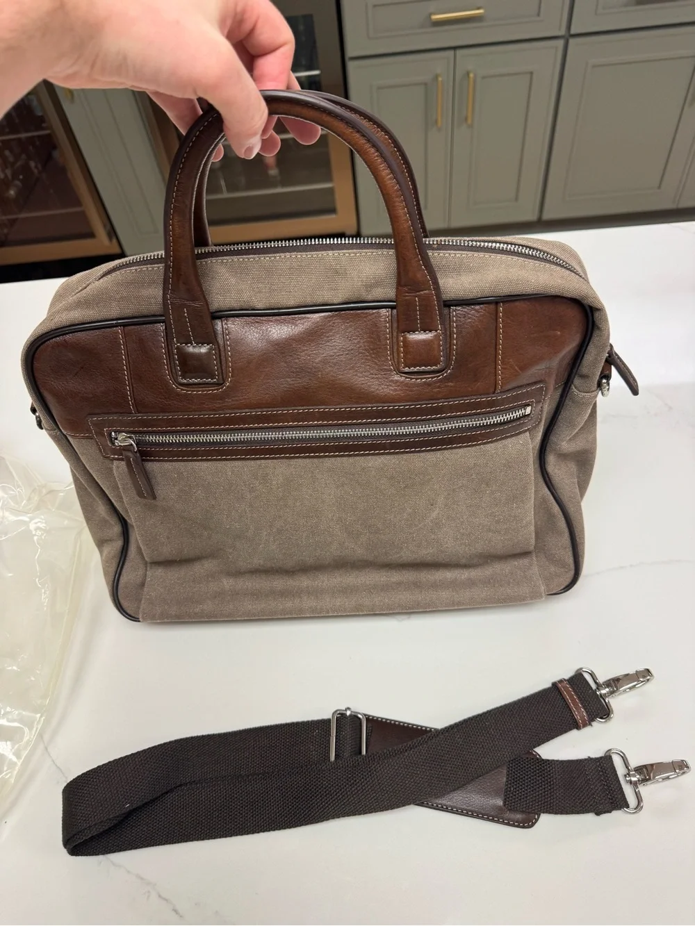 Bosca Taupe Canvas Briefcase with Brown Leather Trim